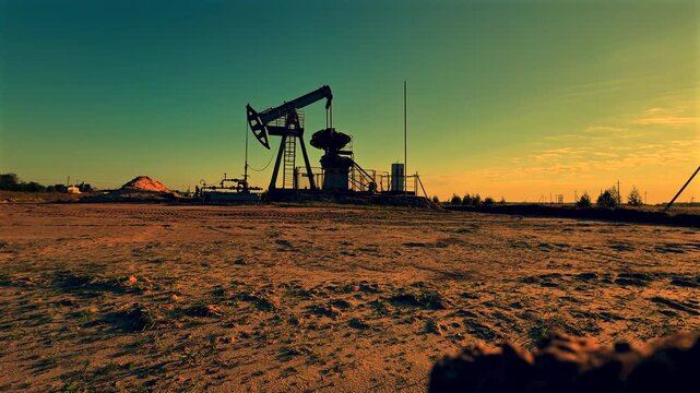 Oil Pump Jack Operates during northern lights at Oil Field in Industrial Area. Crude pump jack working on sunrise in oil field. Oil drill rig, drilling derrick in oilfield. Crude petroleum industry. 