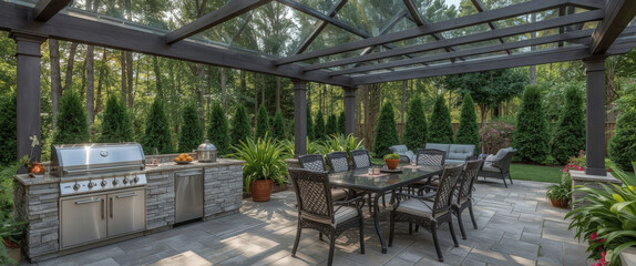 Outdoors kitchen area with seating and grill under a glass roof in a private garden
