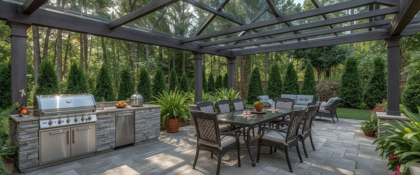 Outdoors kitchen area with seating and grill under a glass roof in a private garden