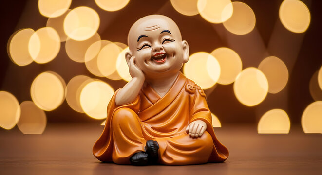 Serene laughing Buddha statue radiating warmth and joy, against a soft, golden bokeh background