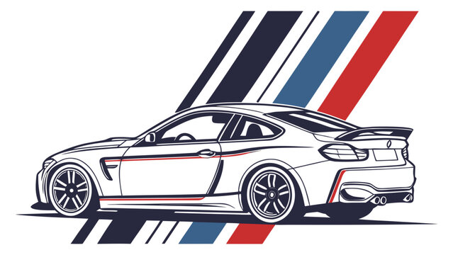 A sleek white sports car with red and blue stripes on a white background