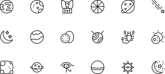 Set of 18 Minimalist Celestial and Astrological Line Icons Featuring Planets, Zodiac Signs, and Ancient Symbols © A