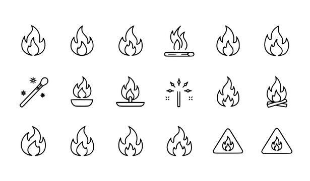 Title:
Fire flame line icons pixel perfect editable stroke vector minimal outline heat and burn symbols isolated on white