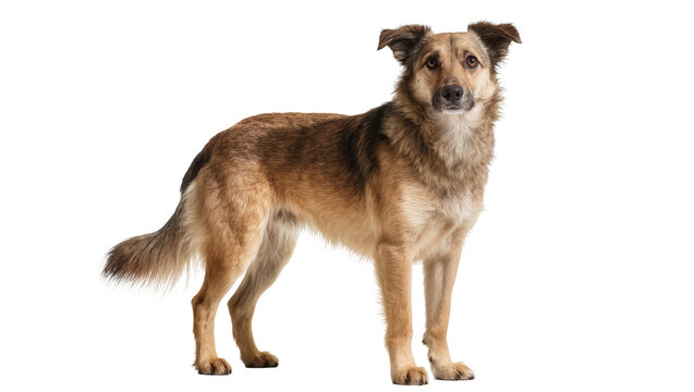 Brown fluffy mixed breed dog standing looking forward