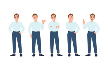 Obraz premium Five cartoon men showcasing various professional poses, including one with a subtle mustache and waving