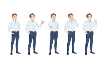 Obraz premium Five cartoon men in white shirts demonstrating various professional business gestures and expressions