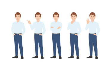 Fototapeta premium Five cheerful cartoon men in various professional poses including pointing, thinking, and an OK gesture