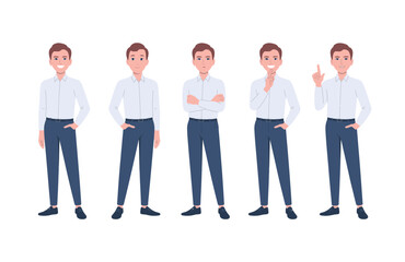Obraz premium A row of five smiling young cartoon men in various professional business poses and expressions