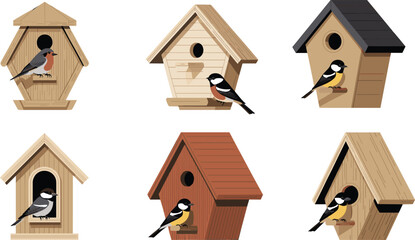 Vector illustration of colorful birdhouses with small birds perched near entrances in different designs © RUKSHANA