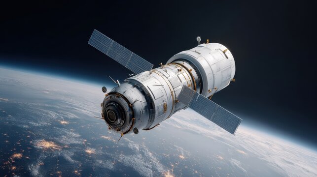 Close view of satellite in orbit around Earth displaying advanced technology and communication systems in space