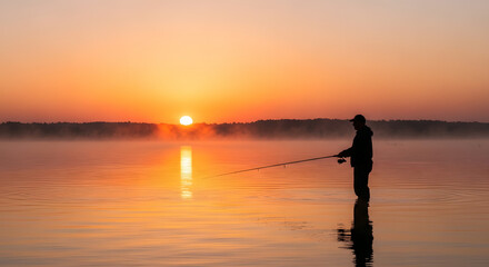 Fototapeta premium Fisherman casts line into serene lake at sunrise