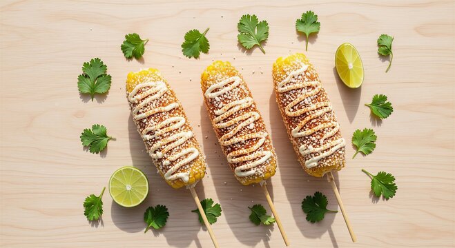 A vibrant flat lay presents three elotes Mexican street corn on sticks adorned with toppings and lime wedges high-quality