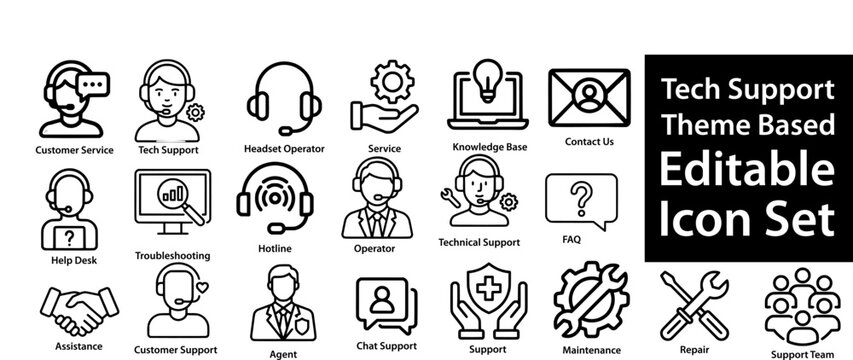 Tech support and customer service icon set featuring help desk, technical assistance, hotline, support, live chat, maintenance, troubleshooting, and call center agent symbols in black line