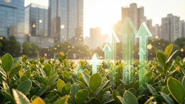 Esg corporate sustainability report responsibility transparency strategy accountability ethics compliance guide featuring green urban foliage sunrise bokeh city skyline and plant growth arrow concept