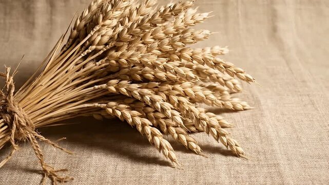A rustic still life showcases a bundle of golden wheat stalks tied with twine, resting against a textured burlap backdrop, evoking a sense of harvest and natural abundance.