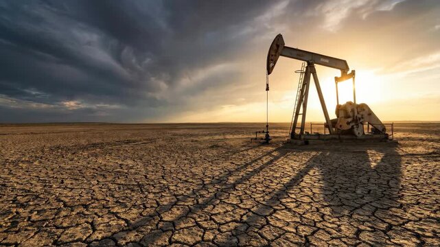 Oil crisis global economy inflation shortage recession instability tension scarcity energy pumpjack cracked desert land sunset with storm clouds symbolizing instability and recession driven by