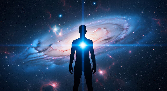 Radiant human form experiencing profound spiritual awakening within a stunning galactic universe
