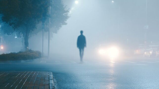 Man walking alone on wet city street covered in thick fog at night. Blurred silhouette of pedestrian crossing road. Atmospheric urban mystery, cinematic noir mood and loneliness concept.