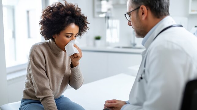 Sick woman consulting doctor in clinic, blowing nose with tissue during medical appointment