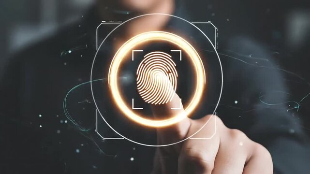 Biometric authentication fingerprint scan closeup with futuristic digital security interface