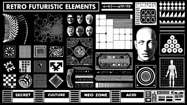 A collage of retro futuristic elements and abstract geometric designs
