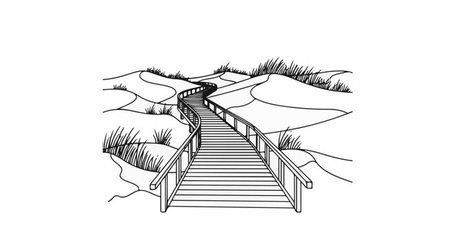 A winding boardwalk path through sand dunes dotted with grasses