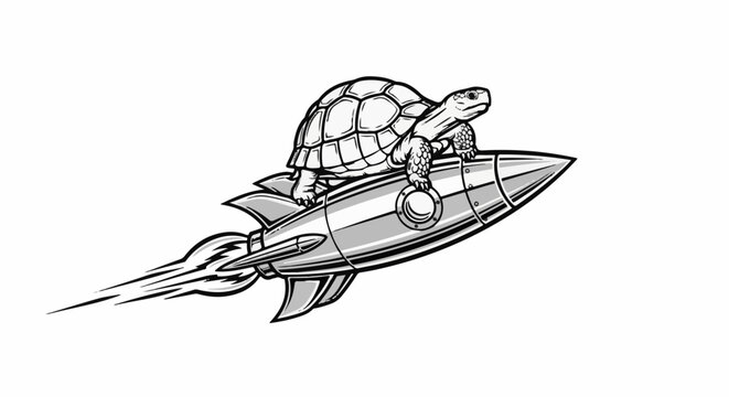 Tortoise rides a rocket ship, moving fast with fire trails