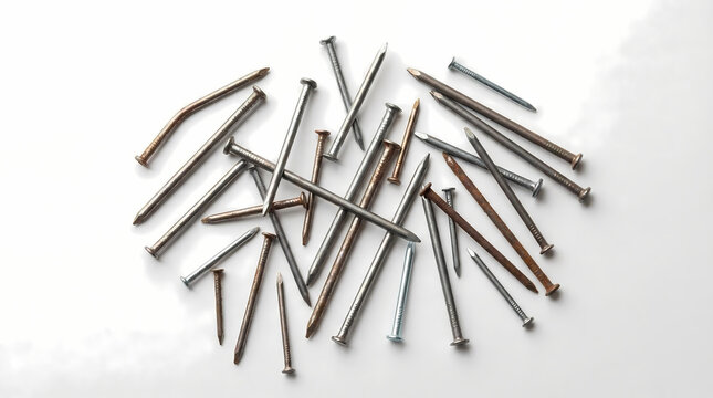 Assorted pile of rusty and metallic nails in various sizes and shapes