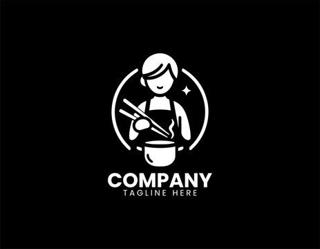 Woman cooking with chopsticks and pot black vector logo illustration isolated on white background