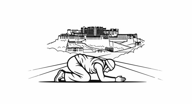 Pilgrim prostrates before grand palace complex on a hill amidst clouds