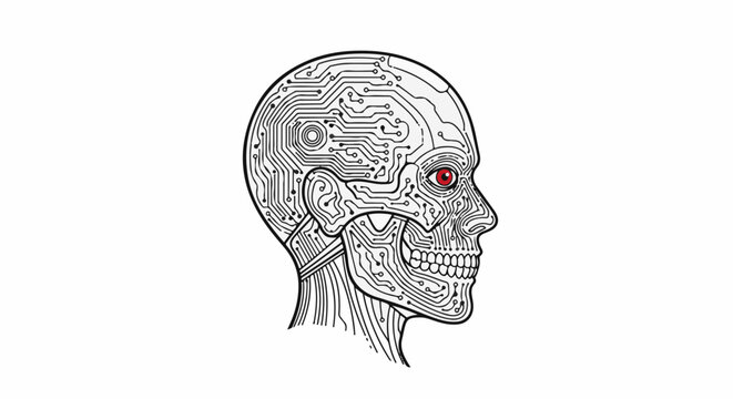 Robotic skull profile with circuit board details and red eye