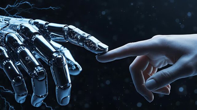 A striking digital artwork depicts a robotic hand reaching towards a human hand, evoking themes of artificial intelligence, creation, and the future of humanity against a cosmic backdrop.