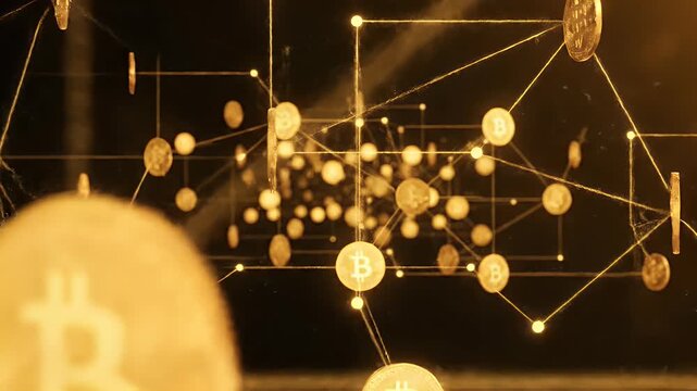 A futuristic visualization depicts a network of interconnected Bitcoin coins floating in a dark, abstract space, symbolizing the digital currency's decentralized nature.