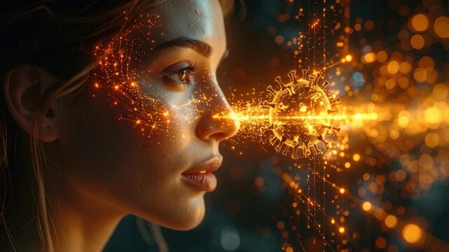 A woman's profile is illuminated with golden light, a corona shape in front