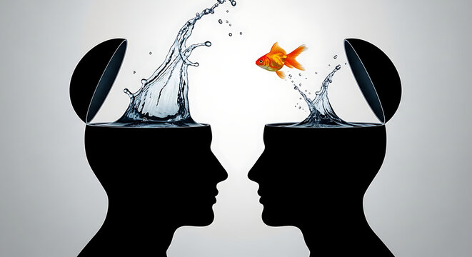 Abstract concept of intellectual communication, innovative idea exchange, and fluid knowledge transfer between individuals