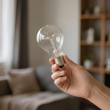 Hand holding light bulb on blurred background, idea and energy concept, suitable for banner, article, advertising, web design, startups
