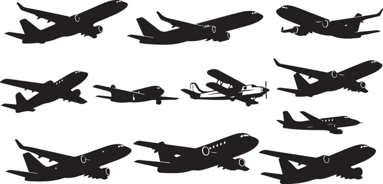 Collection of airplane silhouettes in various flight positions vector