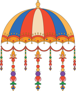 Colorful Indian Chhatri Umbrella with Decorative Hanging Ornaments in Bright Sunlight