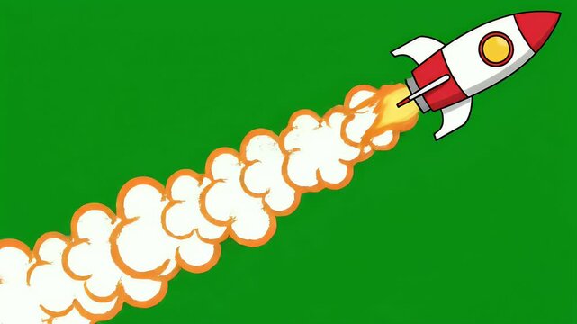 A cartoon-style rocket ship with flames is depicted launching from the left side of a vibrant green screen, creating a dynamic and visually engaging composition.
