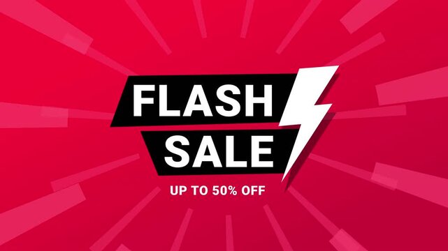Flash Sale animated promo horizontal video, bold red background, lightning bolt icon, dynamic burst rays, 16:9 landscape format, ideal for YouTube ads and web banners