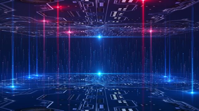 Futuristic Digital Data Grid Light Field circuit floor ceiling emit vertical light particles immersive data environment. big data visuals, network AI scenes, technology intros, or virtual environments