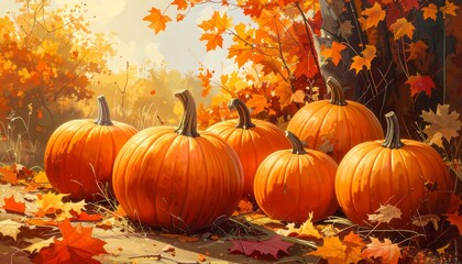 Naklejka premium A serene autumn scene with pumpkins and fall foliage