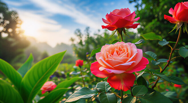 Rangkaian Bunga Mawar Merah Muda dan Putih yang Indah dan Rimbun di Kebun dengan Cahaya Matahari