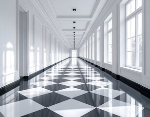 Obraz premium A long, bright, elegant hallway with a black and white checkerboard floor, windows, and ornate trim