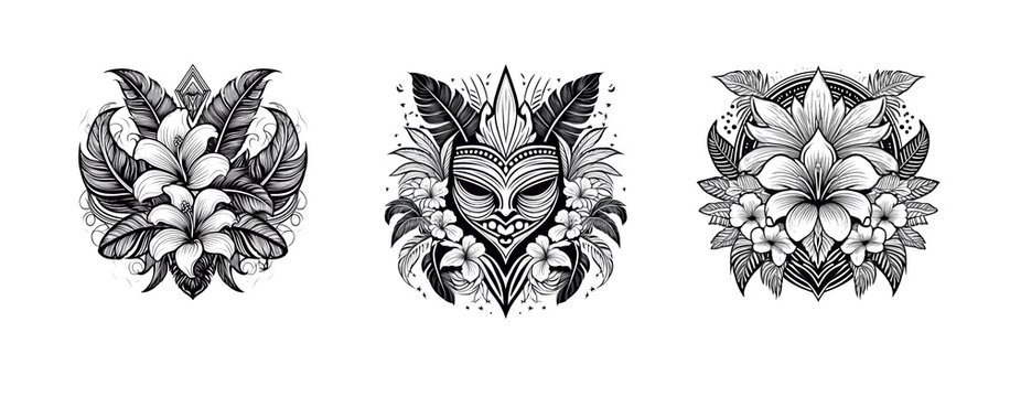 Hawaii Maske und Frangipani Blumen Tattoo	