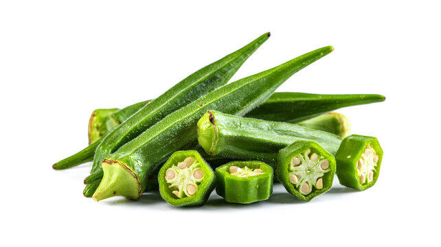 Fresh okra pods sliced with seeds inside