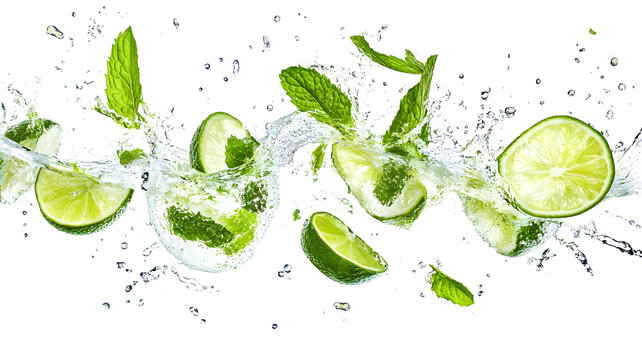 Fresh lime slices and mint splashing in water