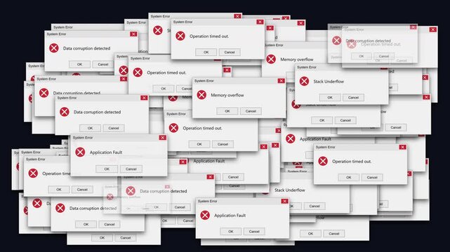 Multiple system error popups flooding dark screen. Data corruption and stack overflow alerts. Application fault and timeout dialogs stacked. Software crash and system failure concept.