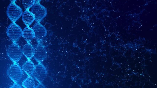Futuristic Digital DNA Helix Network Science Animation, connecting particles forming biology visualization. for medical genetic research visuals, biotechnology presentations science backgrounds