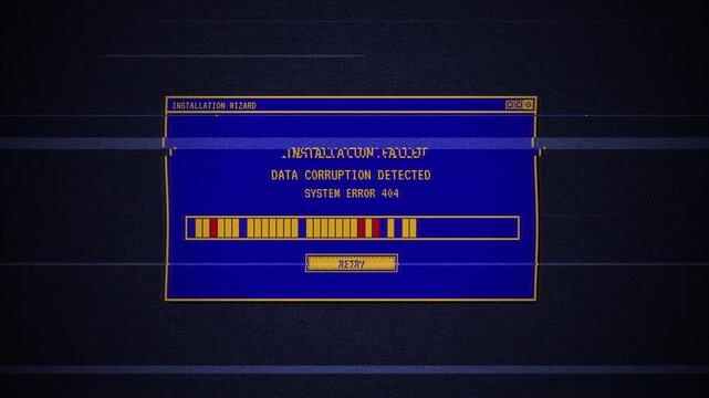 Retro error dialog on blue screen. Installation failed with data corruption alert. System error 404 message. Corrupted progress bar displayed. Vintage computer failure concept.